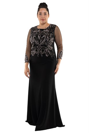 9311 BB Tül Kol Desenli Nakış İşl.Krep Elbise