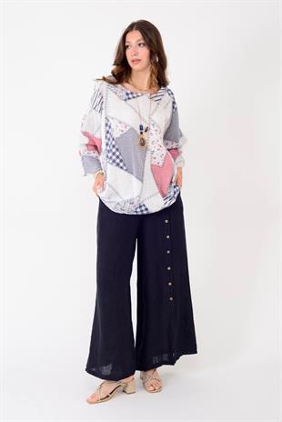 9320 Düğme Detay Düz Keten Pantolon