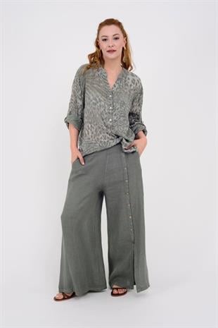 9320 Düğme Detay Düz Keten Pantolon