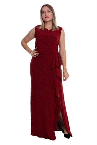 9424 Büyük Beden Yanı Drape Sim Kumaş Yırtmaçlı Uzun Elbise