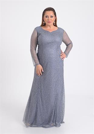 9471 Büyük Beden Kollu Taşlı Pulpayet Nakış Uzun Elbise