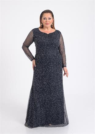 9471 Büyük Beden Kollu Taşlı Pulpayet Nakış Uzun Elbise