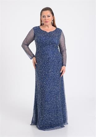 9471 Büyük Beden Kollu Taşlı Pulpayet Nakış Uzun Elbise