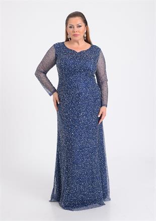 9471 Büyük Beden Kollu Taşlı Pulpayet Nakış Uzun Elbise