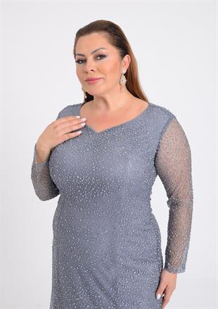 9471 Büyük Beden Kollu Taşlı Pulpayet Nakış Uzun Elbise