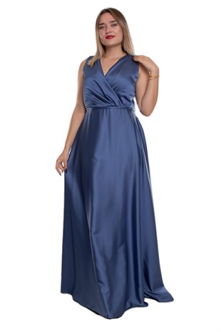 9490 Büyük Beden Kruvaze Yaka Kolsuz Uzun Saten Elbise