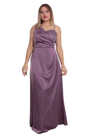 9495 Büyük Beden Tek Omuz Dantel Detay Pileli Saten Uzun Elbise