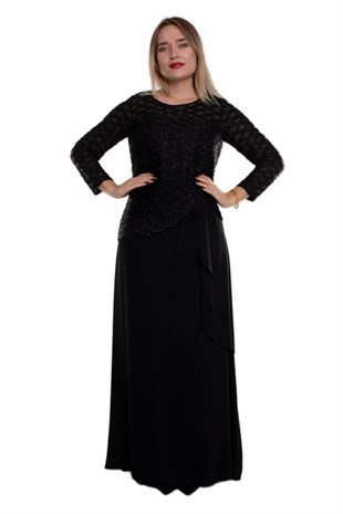 9497 Büyük Beden Suyolu Eteği Fırfırlı Tül Kol Krep Uzun Elbise