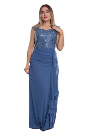 9524 Büyük Beden Yaprak Payet Nakışlı Fırfırlı Şifon Elbise