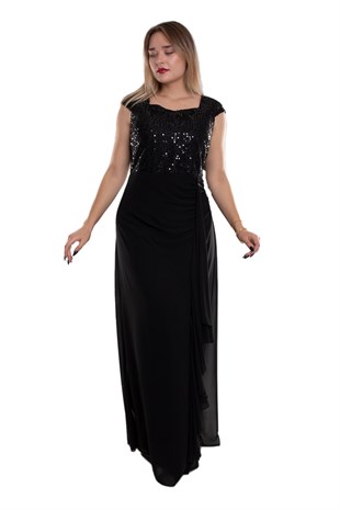 9524 Büyük Beden Yaprak Payet Nakışlı Fırfırlı Şifon Elbise