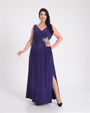 9584 Büyük Beden Kalın Askı Taş Boncuk  Broşlu Uzun Tül Şifon Elbise