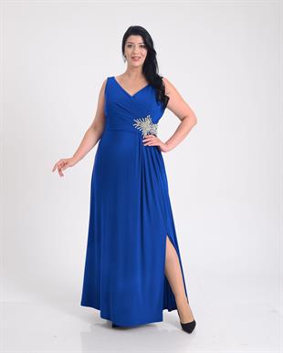 9584 Büyük Beden Kalın Askı Taş Boncuk  Broşlu Uzun Tül Şifon Elbise