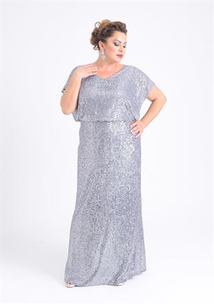 9596 Büyük Beden Sırt Detyalı Pulpayet Uzun Elbise