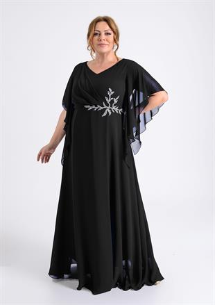 9606 Büyük Beden Mendil Kol Yanı Taş İşleme Uzun Şifon Elbise