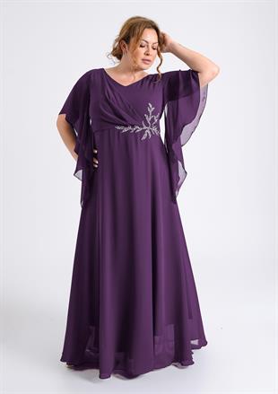 9606 Büyük Beden Mendil Kol Yanı Taş İşleme Uzun Şifon Elbise