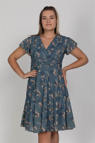 961330 Mendil Kol Beli Pileli Kruvaze Yaka Desenli Kuşakl Büyük Beden Kısa Elbise