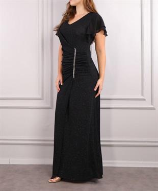 962409 Büyük Beden Vyaka Simli Yandan Şerit Taş Detay Uzun Elbise