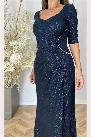 963091 Büyük BedenTruvakar Kol Kare Yaka Drapeli Pulpayet Uzun Abiye