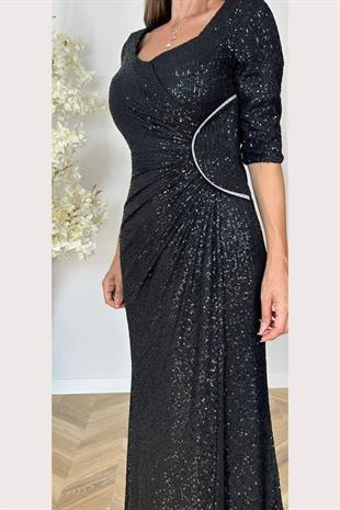 963091 Büyük BedenTruvakar Kol Kare Yaka Drapeli Pulpayet Uzun Abiye