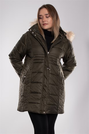 9754 Büyük Beden Kapitone Kapüşonu Kürklü Astarlı Uzun Kadın Mont