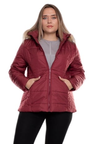 9761 Büyük Beden Kapüşonu Kürklü Kadın Fermuarlı Şişme Mont