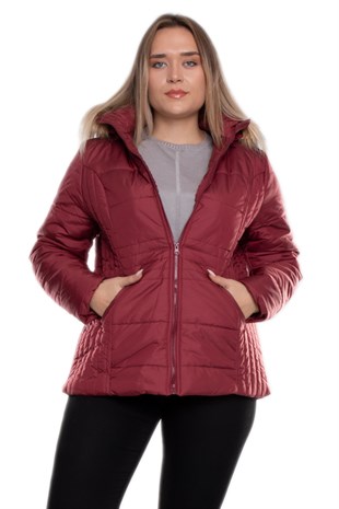 9761 Büyük Beden Kapüşonu Kürklü Kadın Fermuarlı Şişme Mont