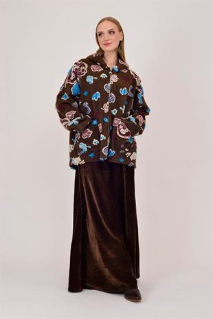 A0056 Yaprak Desen Fermuarlı Keçe Kaban