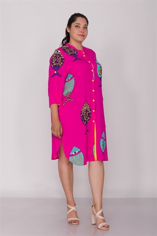 AN110 Truvakar Kol Balık Desen Yakasız Cepli Viscon Kısa Elbise