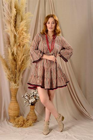 AN179 A3492 Desen Dantelsiz Ponponlu Kısa Pamuklu Elbise