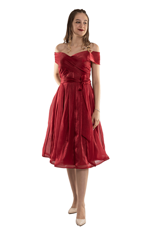 D-1066 Madonna Yaka Kuşaklı İpek Şifon Kısa Elbise