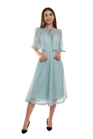 D-1076 Yaka İpli ÖrümcekAğ Çan Etek Truv.Kol Midiboy Elbise