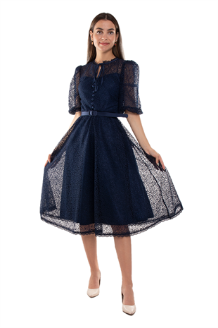 D-1076 Yaka İpli ÖrümcekAğ Çan Etek Truv.Kol Midiboy Elbise