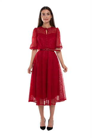 D-1076 Yaka İpli ÖrümcekAğ Çan Etek Truv.Kol Midiboy Elbise