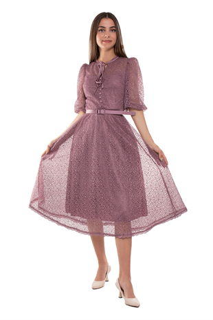 D-1076 Yaka İpli ÖrümcekAğ Çan Etek Truv.Kol Midiboy Elbise