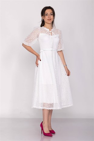 D-1076 Yaka İpli ÖrümcekAğ Çan Etek Truv.Kol Midiboy Elbise