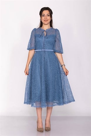 D-1076 Yaka İpli ÖrümcekAğ Çan Etek Truv.Kol Midiboy Elbise