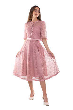 D-1076 Yaka İpli ÖrümcekAğ Çan Etek Truv.Kol Midiboy Elbise