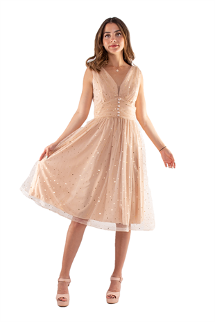 D-1123 Yıldız Baskılı Eteği Kloş Tül Kısa Elbise