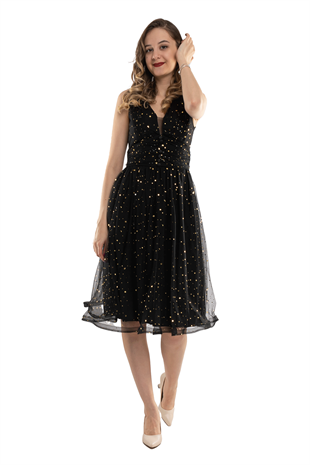 D-1123 Yıldız Baskılı Eteği Kloş Tül Kısa Elbise