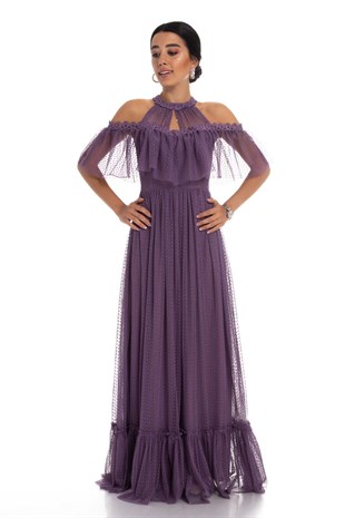 D-992 Omuz Detay Eteği Valonlu Uzun Abiye Elbise