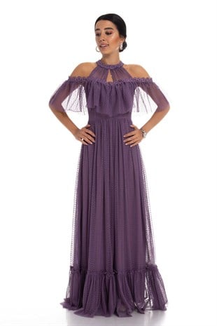 D-992 Omuz Detay Eteği Valonlu Uzun Abiye Elbise