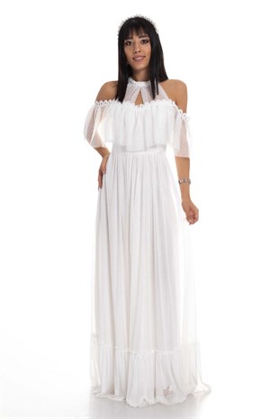 D-992 Omuz Detay Eteği Valonlu Uzun Abiye Elbise