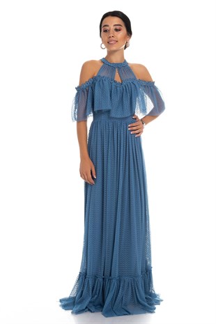 D-992 Omuz Detay Eteği Valonlu Uzun Abiye Elbise