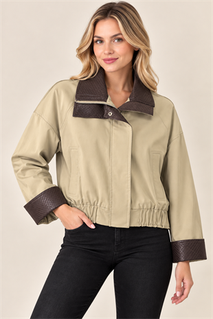 D100032 İki Renk Deri Detay Crop Bomber Mont
