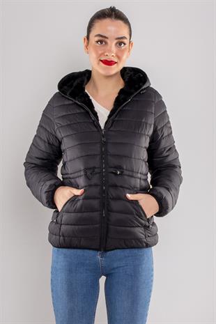 D89325 Slimfit Beli Büzgülü Kapüşonlu İçi Kürklü Şişme Mont