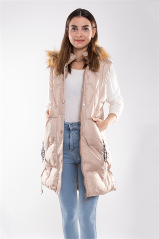 D89823 Kapşonlu Kadın Şişme Uzun Yelek