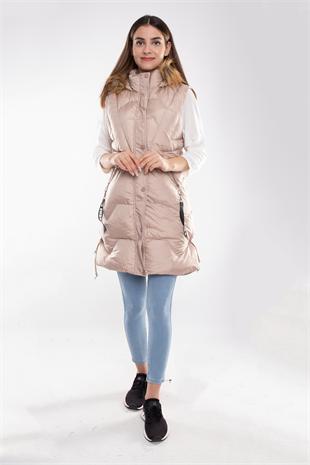 D89823 Kapşonlu Kadın Şişme Uzun Yelek