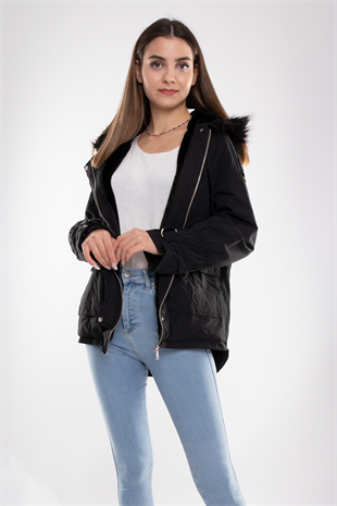 D89851 İçi Kürklü Kol Büzgülü Kapşonlu Kadın Mont