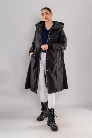 D99542(D89980) Kapüşonlu İçi Kapitone Kombinli Cepli Uzun Kadın Mont