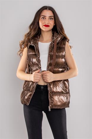 D99071 Kapüşonlu Parlak Şişme İçi Leopar Astarlı Yelek